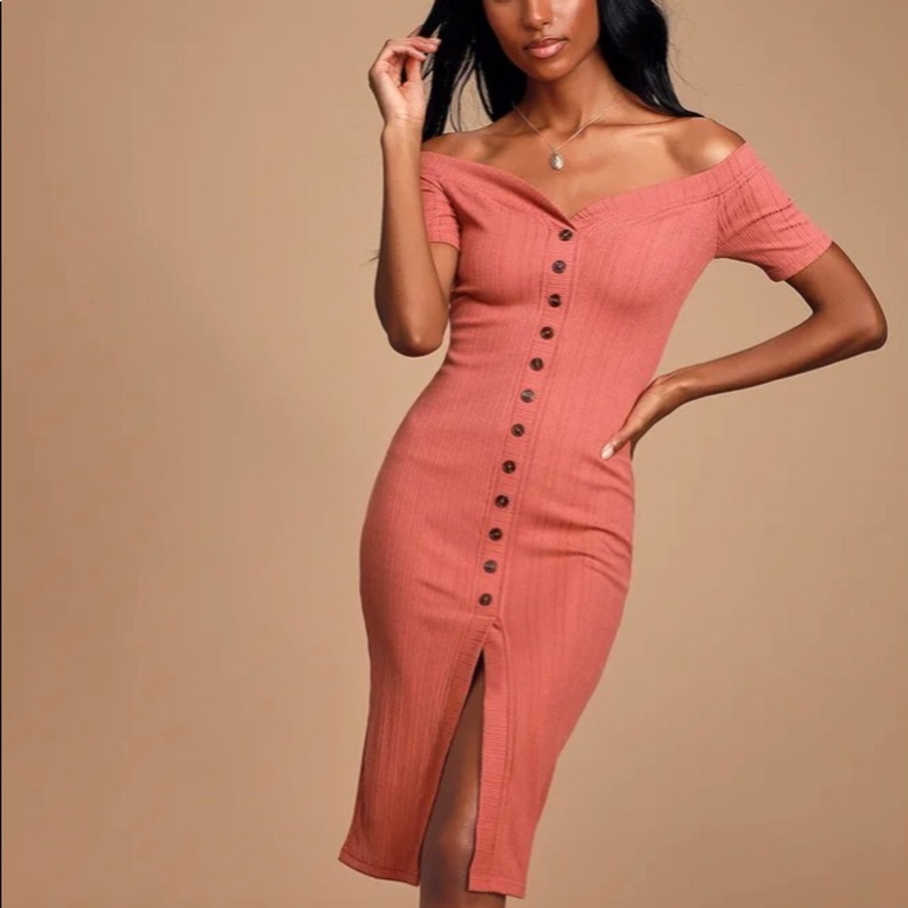 Lulus Rusty Rose Ribbed Off-The-Shoulder Dress